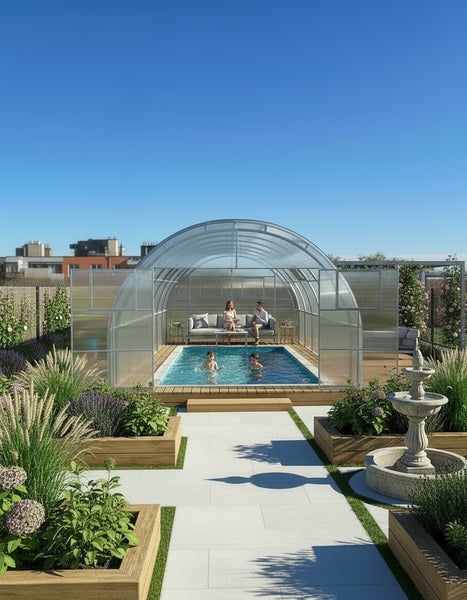 Schwimmbad mit Überdachung in einem Garten mit Springbrunnen und Bepflanzung