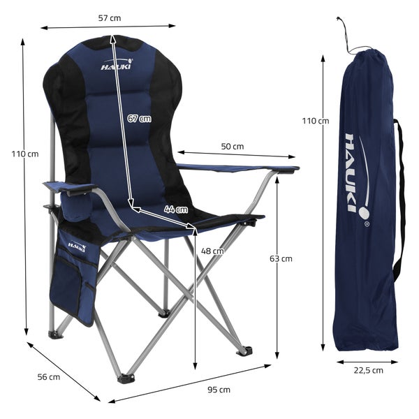 Hauki Campingstuhl faltbar, Blau, Anglerstuhl mit Getränkehalter & Tragetasche, Gartenstuhl klappbar, bis 150kg, Übergroßer Klappstuhl mit Hochlehner, Gepolster Faltstuhl leicht, Angelstuhl tragbar