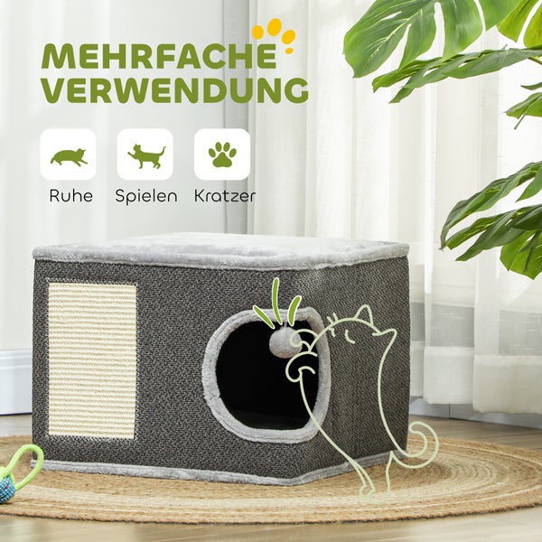 PawHut Kratztonne, 35 cm hoch Katzentonne mit Höhle, Kratzbaum mit Spielball, Katzenturm aus Sisal, für Katze bis 6 kg, Dunkelgrau+Cremeweiß