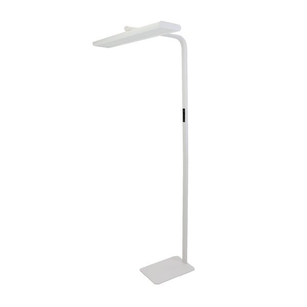 Weiße LED-Stehleuchte mit flachem, rechteckigem Leuchtenkopf und Touch-Bedienfeld am Standrohr.