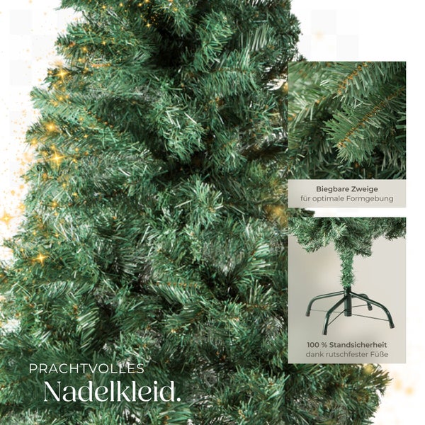 Künstlicher Weihnachtsbaum mit biegsamen Zweigen für individuelle Formgebung und einem stabilen Standfuß für sicheren Halt.