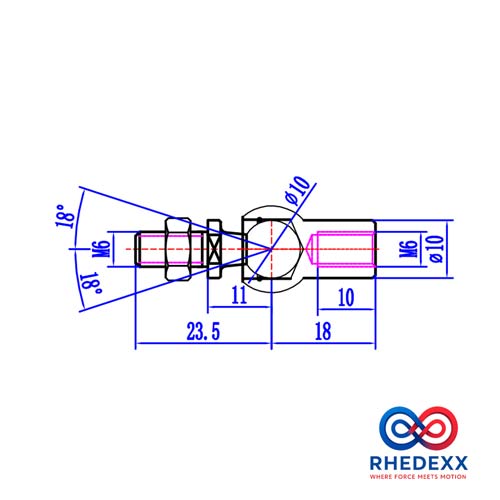 Technische Zeichnung eines RHEDEXX Winkelgelenks M6 mit Massangaben in Millimetern und 18 Grad. RHEDEXX Logo.