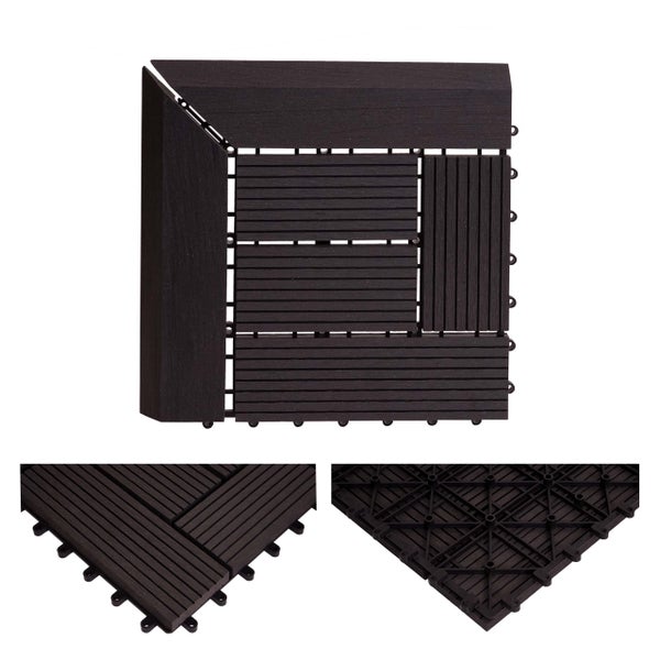 Terrassenfliese aus Holz-Kunststoff-Verbundwerkstoff in Anthrazit mit Klicksystem, passender Eckleiste und Kunststoffunterseite.