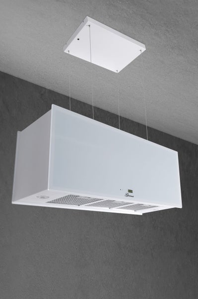 Gurari Inselhaube zur Deckenmontage mit Metallfettfiltern und digitaler Anzeige für moderne Küchen.