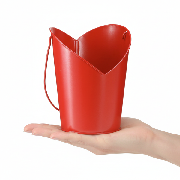 Kleiner herzförmiger Metalleimer in Rot mit Henkel auf einer Handfläche präsentiert.