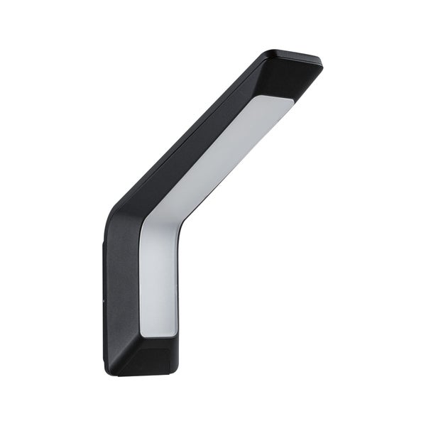 Moderne, winkelförmige LED-Außenwandleuchte in Schwarz mit weißem Diffusor.