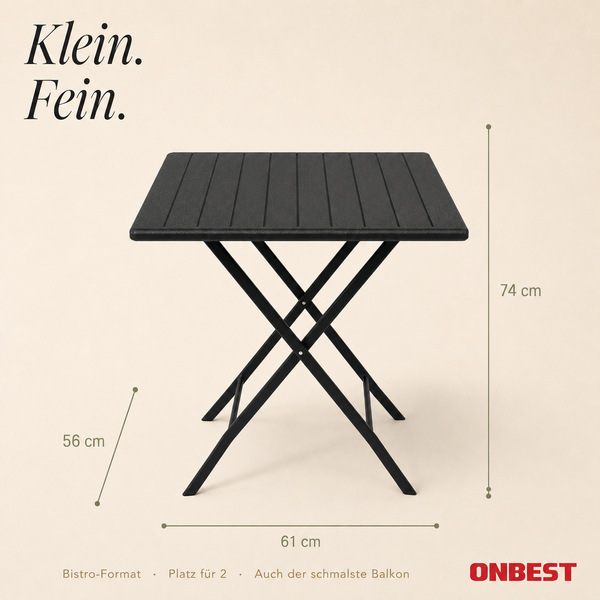 Schwarzer quadratischer Bistro-Klapptisch. Maße 74 Zentimeter Höhe, 61 Zentimeter Breite, 56 Zentimeter Tiefe. ONBEST Logo.