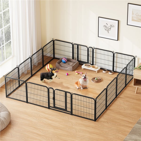 Hundegitter mit Tür in einem hellen Raum mit zwei Hunden, Spielzeug und Hundebedarf