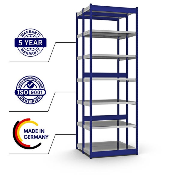 PROREGAL Fachbodenregal Stecksystem Vierkant-Profil Grundregal HxBxT 300 x 102,5 x 40 cm 2x7 Ebenen Doppelseitige Bauart Fachlast 200 kg Enzianblau