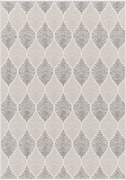 Teppich mit geometrischem Blattmuster in Beige und Grau, flachgewebt, modernes Design.