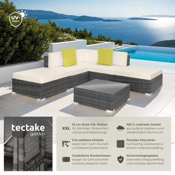 Rattan Lounge tectake Paris mit Sicherheitsglasplatte mit Aluminiumgestell grau