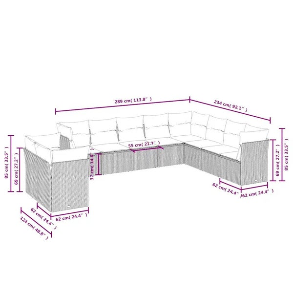 10-tlg. Garten-Sofagarnitur mit Kissen Hellgrau Poly Rattan