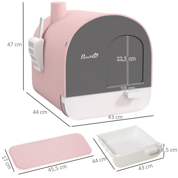 PawHut Katzentoilette mit Deckel, Katzenklo inkl. Schaufel und Streu-Matte, Ausziehbares Tablett, Katzenklo für Katzen bis 5 kg, Rosa, 43 x 44 x 47 cm