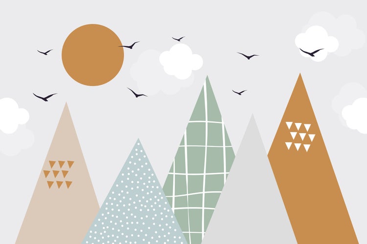 Illustration einer Berglandschaft mit Sonne und Vögeln