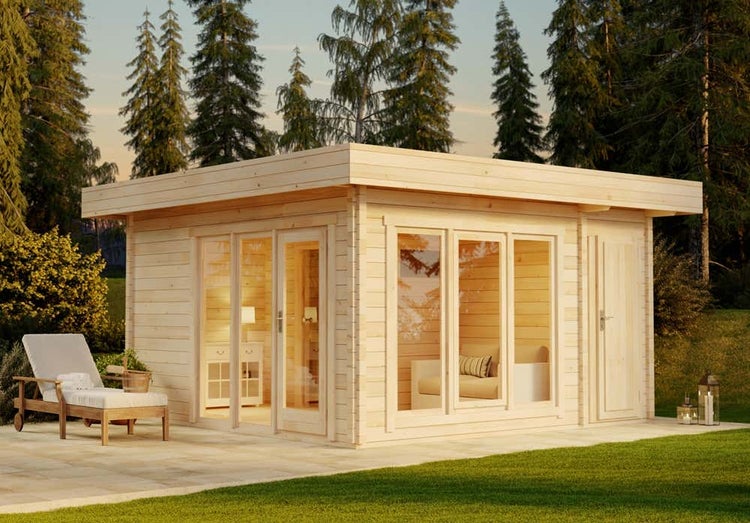 FinnTherm Saunahaus Cubus-70 E Gartensauna 3 Sitzbänke aus Holz, Sauna mit 70 mm Wandstärke, Außensauna, Naturbelassen 4,3x4,3m