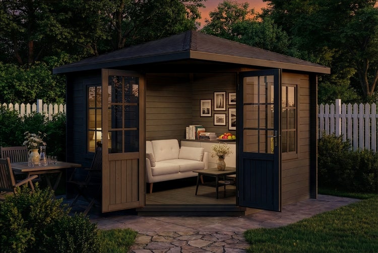 Holz Gartenhaus mit geöffneten Türen, Möbeln und Dekoration