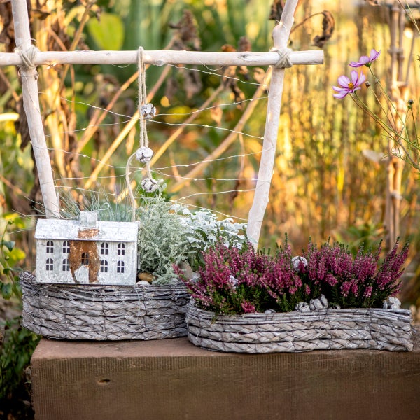 Dekorative Pflanzkörbe mit Heidekraut, Zierhaus und Holzrahmen für den Garten