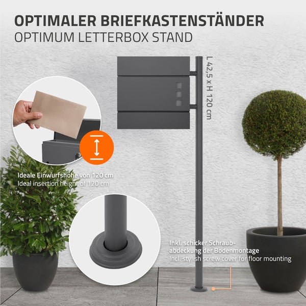 Briefkastenständer mit einer Einwurfshöhe von 120 Zentimeter und einer Abdeckung für die Bodenmontage.