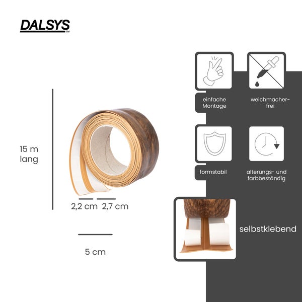 DALSYS Logo. Selbstklebende Sockelleiste in Holzoptik, 15 Meter lang, 5 Zentimeter breit. Montageleicht, weichmacherfrei, formstabil, farbbeständig.