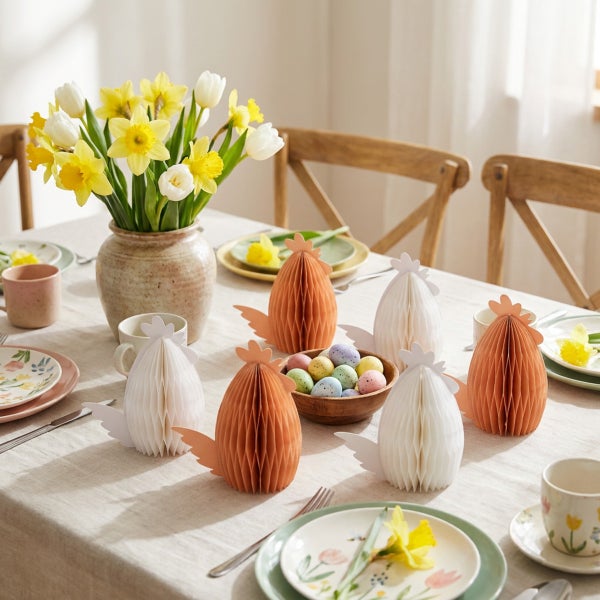 Osterdekoration mit Wabenpapier Hühnern, einem Strauß Narzissen in einer Vase und einer Schale mit Ostereiern auf einem gedeckten Tisch.