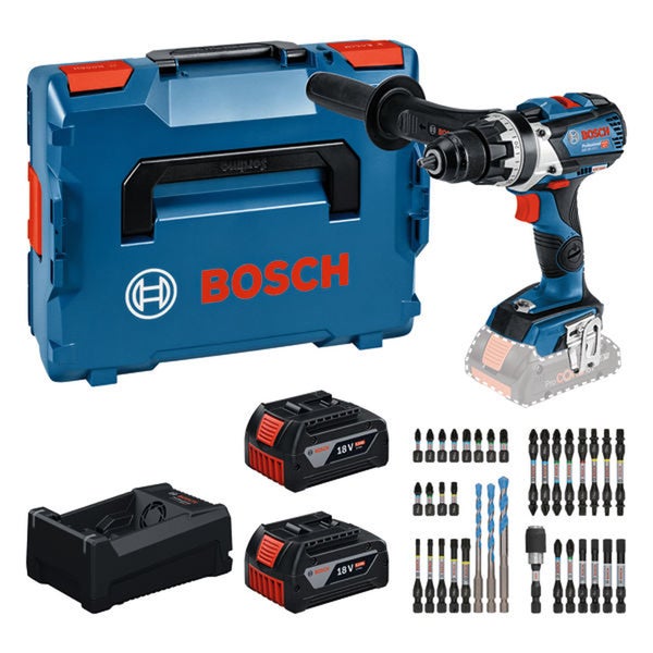 Bosch Professional Akku Bohrhammer mit L-BOXX, zwei 18 Volt Akkus, Ladegerät und Zubehörset inklusive verschiedener Bohrer und Bits.