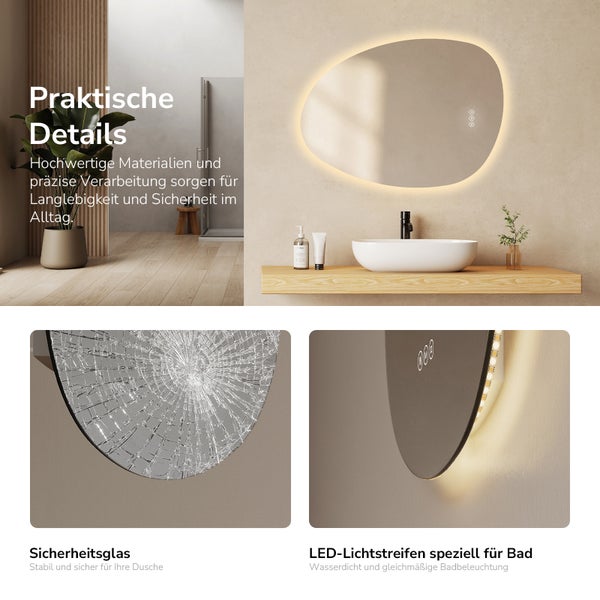 Moderner Badezimmerspiegel in organischer Form mit LED-Beleuchtung, Sicherheitsglas-Detail und wasserdichtem LED-Lichtstreifen.
