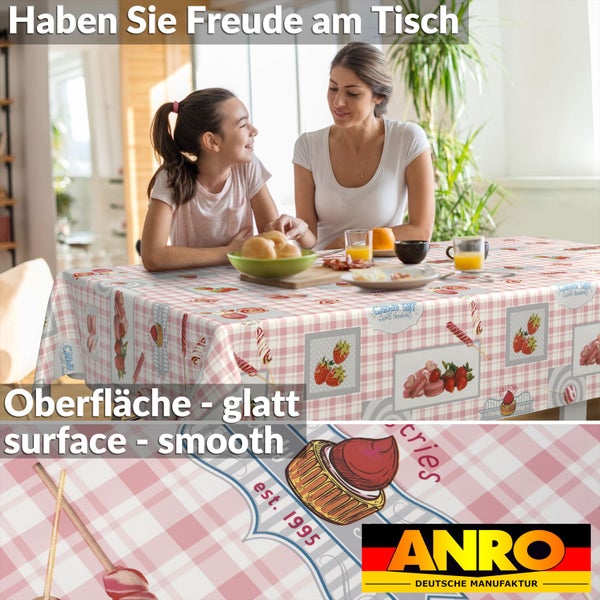 Abwischbare Wachstuch-Tischdecke mit rosa-weißem Karomuster, Erdbeer- und Gebäckmotiven, glatte Oberfläche, ANRO Deutsche Manufaktur Logo.