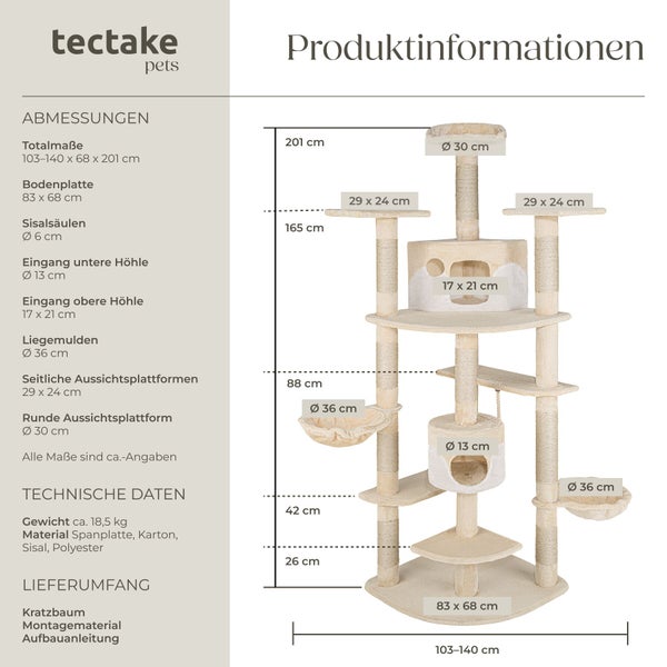 Produktinformationen zu einem Kratzbaum mit verschiedenen Liegeflächen und Sisalsäulen für Katzen