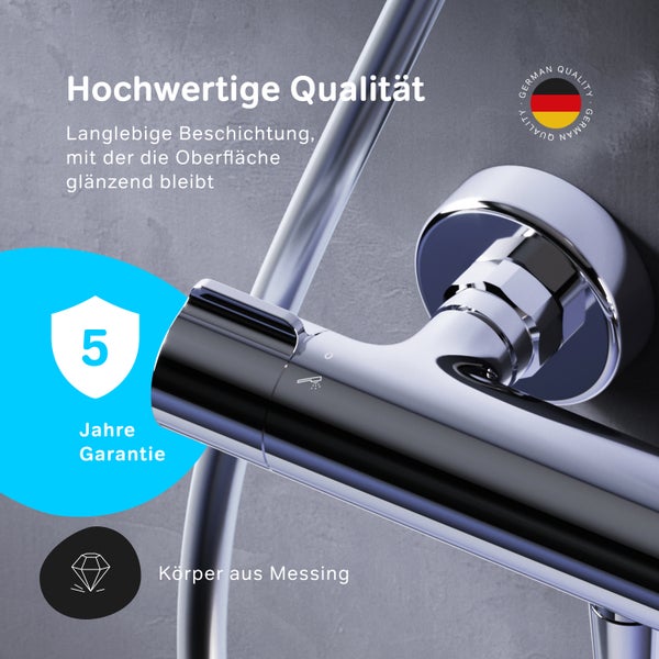 Duscharmatur aus Messing mit langlebiger Oberflächenbeschichtung, inklusive 5 Jahren Garantie und Gütesiegel für deutsche Qualität.
