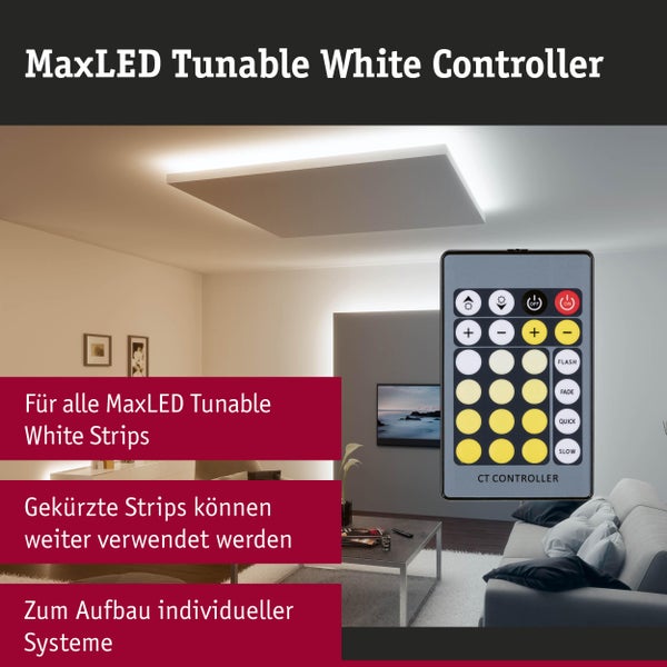 Fernbedienung für MaxLED Tunable White LED Streifen mit Anwendungsbeispiel in einem modern beleuchteten Wohnzimmer.
