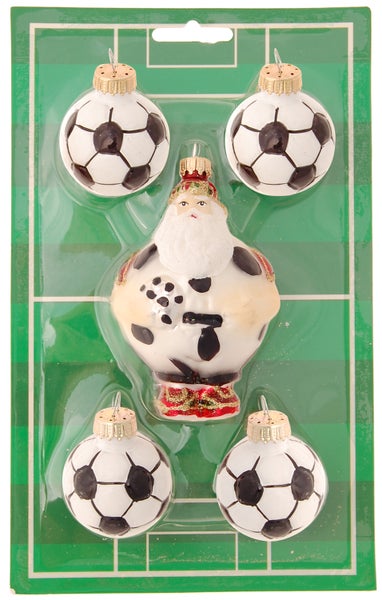 Multicolor, Miniset Fußball-Santa und 4 Fußbälle, mundgeblasen und handdekoriert (5), 5 Stck., Weihnachtsbaumkugeln, Christbaumschmuck, Weihnachtsbaumanhänger