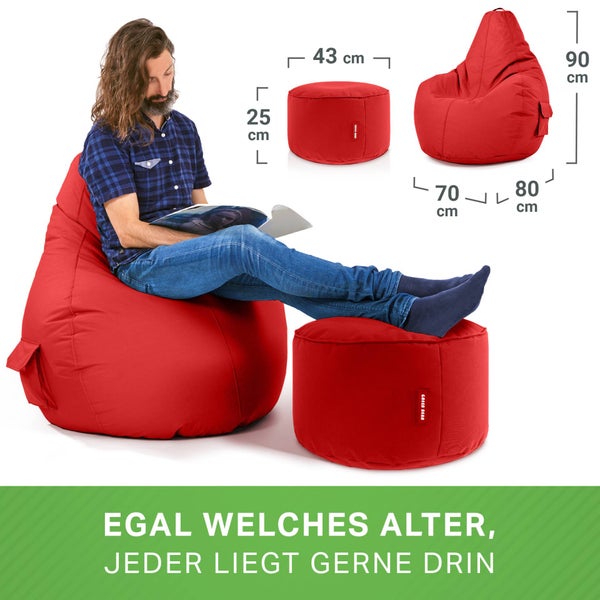 Green Bean 2er Set Sitzsack + Hocker - fertig befüllt - robust waschbar schmutzabweisend - Kinder & Erwachsene Bean Bag Bodenkissen Lounge Sitzhocker Relax-Sessel Gamer Gamingstuhl Pouf - Rot