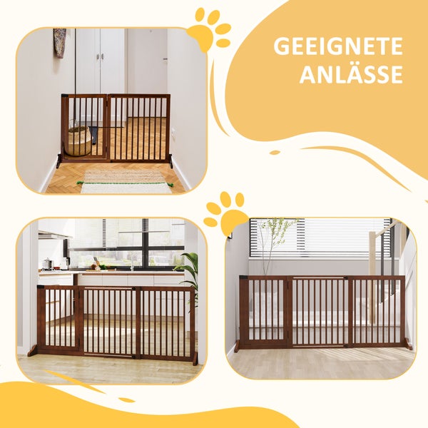 PawHut Absperrgitter Hunde Türschutzgitter Schutzgitter aus Holz Freistehendes Hundegitter mit Tür Hundeabsperrgitter Konfigurationsgitter für Kamin & Ofen Braun 113-166 x 36 x 71 cm