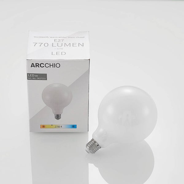 Arcchio LED Leuchtmittel E27, 770 Lumen, 6 Watt, 2700 Kelvin warmweiß, Globe Form, matt, inklusive Verpackung mit Arcchio Logo.