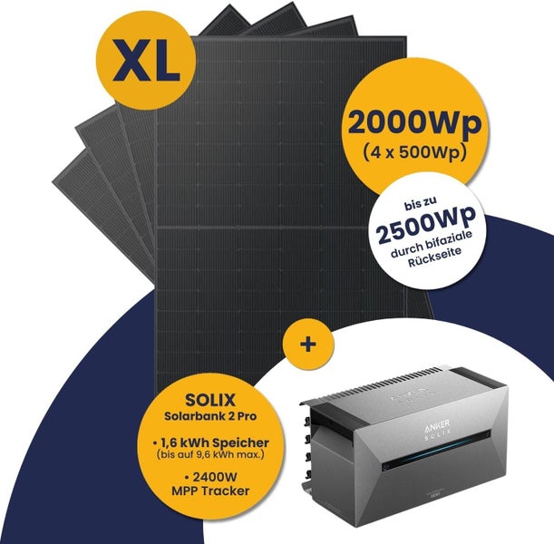 Anker SOLIX Balkonkraftwerk Set mit vier bifazialen Solarmodulen bis zu 2500 Wattpeak und Solarbank 2 Pro mit 1,6 Kilowattstunden Speicher.
