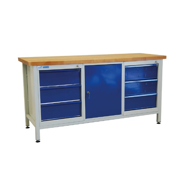 PROREGAL Werkbank Giant Rhino mit 6 Schubladen 1 Tür HxBxT 84 x 170 x 60 cm Traglast 500 kg Lichtgrau Blau