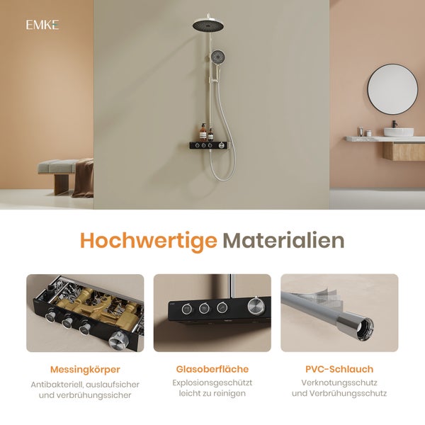 EMKE Duschsystem mit Thermostat, Chrom, 36×24 cm Regendusche & Handbrause mit 3 Strahlarten, höhenverstellbare 1100 mm Brausestange, 355 mm Auslauf, 1,5 m Schlauch, Duscharmatur