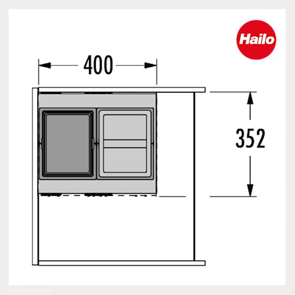 Maßzeichnung eines Hailo Einbaumülleimers mit den Maßen 400 Millimeter und 352 Millimeter. Hailo Logo.