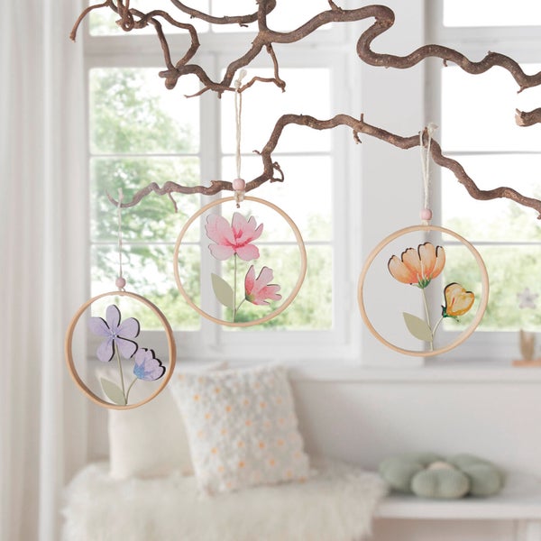 FRANK FLECHTWAREN|Hänger Frühlingsblumen, 3er Set, 10 x 1 x 10 cm, HOLZ, BAUMWOLLE