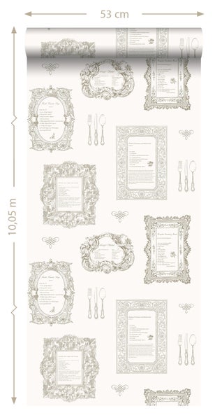 Tapete mit Rezepten und Besteckmotiven, Rollenlänge 10,05 Meter, Rollenbreite 53 Zentimeter