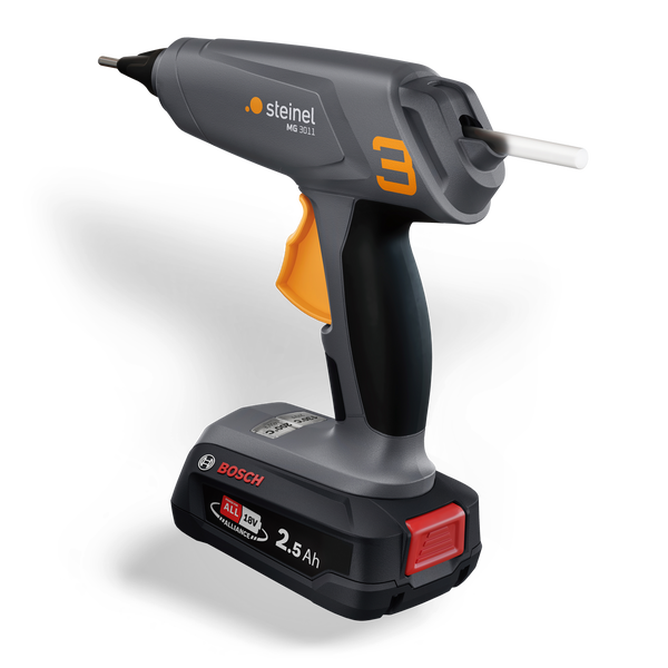 Akku-Heißklebepistole Steinel MG 3011 mit 18 Volt Akku der Bosch Power for All Alliance.