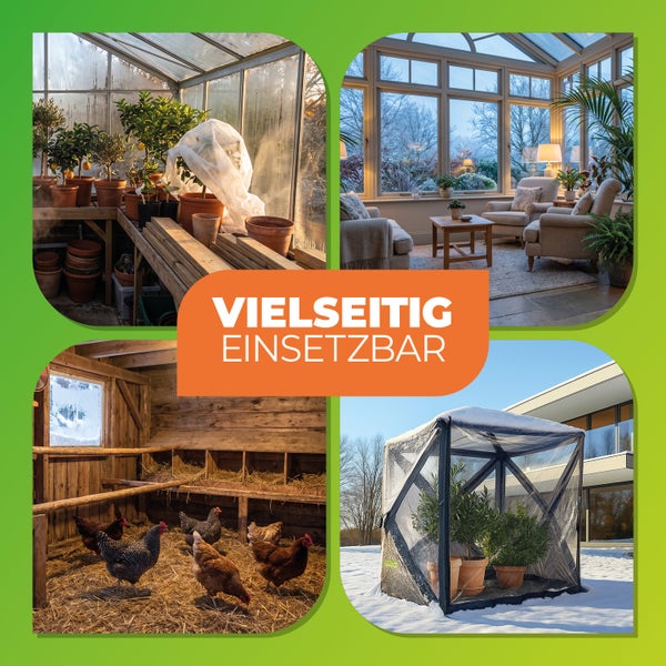Vielseitige Einsatzmöglichkeiten für Pflanzen- und Winterschutz, von Gewächshäusern über Wohnwintergärten bis hin zu Hühnerställen und Freiflächen.