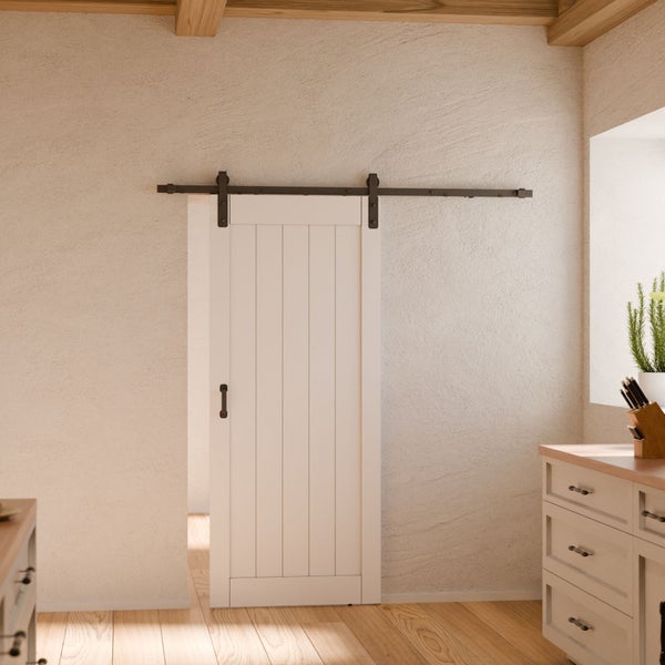Holzschiebetür Komplettset Scheunentor weiß Laufschiene 2m in schwarz - 900x2150mm