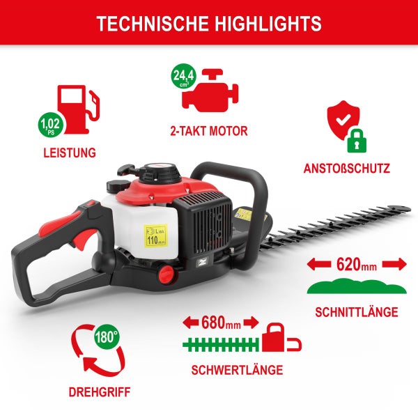 Benzin-Zweitakt-Heckenschere: 1,02 Pferdestärken, 24,4 Kubikzentimeter, 620 Millimeter Schnittlänge, 180 Grad Drehgriff und Anstoßschutz.