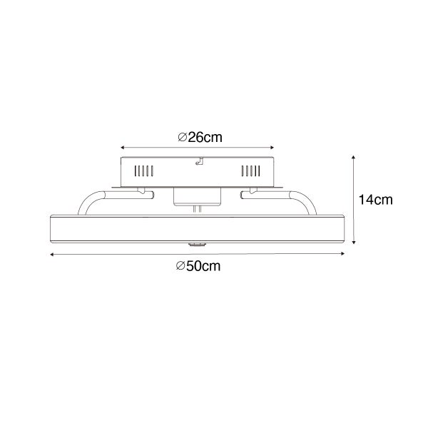 Maßzeichnung einer runden Deckenleuchte mit einem Durchmesser von 50 Zentimetern und einer Höhe von 14 Zentimetern.