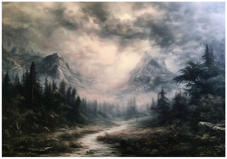 Wandbild mit Berglandschaft und Wald unter einem dramatisch bewölkten Himmel im Ölmalerei Stil für eine stimmungsvolle Raumgestaltung