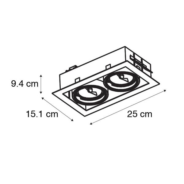 Technische Zeichnung eines zweiflammigen Einbaustrahlers mit Maßen: Länge 25 Zentimeter, Breite 15,1 Zentimeter und Höhe 9,4 Zentimeter.