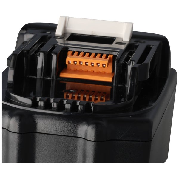 Nahaufnahme eines Werkzeug-Akkus mit Fokus auf die Anschlusskontakte und den weißen Verriegelungsknopf.