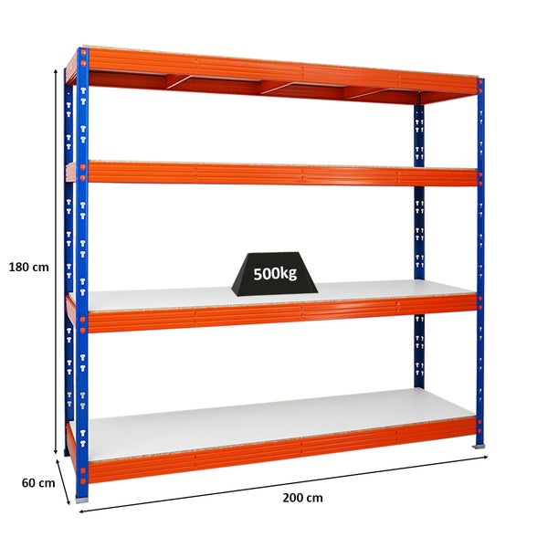 PROREGAL Profi Schwerlastregal Rhino HxBxT 180 x 200 x 60 cm 4 Melamin-Ebenen 16mm Fachlast 500 kg Blau/Orange