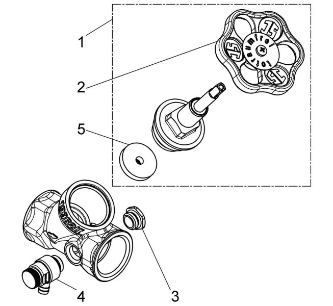 Explosionszeichnung einer Armatur mit nummerierten Einzelteilen wie Handrad, Ventiloberteil und Dichtung.